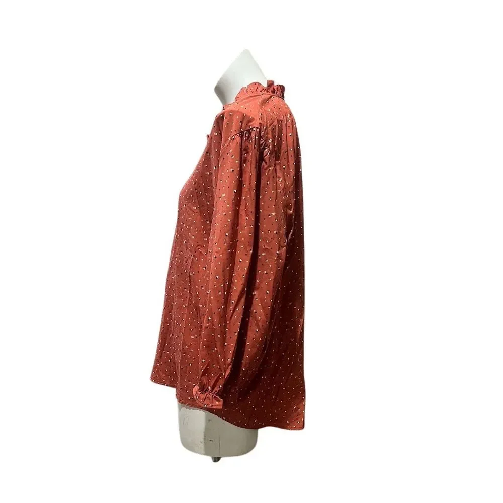 Ava Rose Women's Plus 2X Rust Polka Dot Ruffle Blouse Long Sleeve - Picture 7 of 8